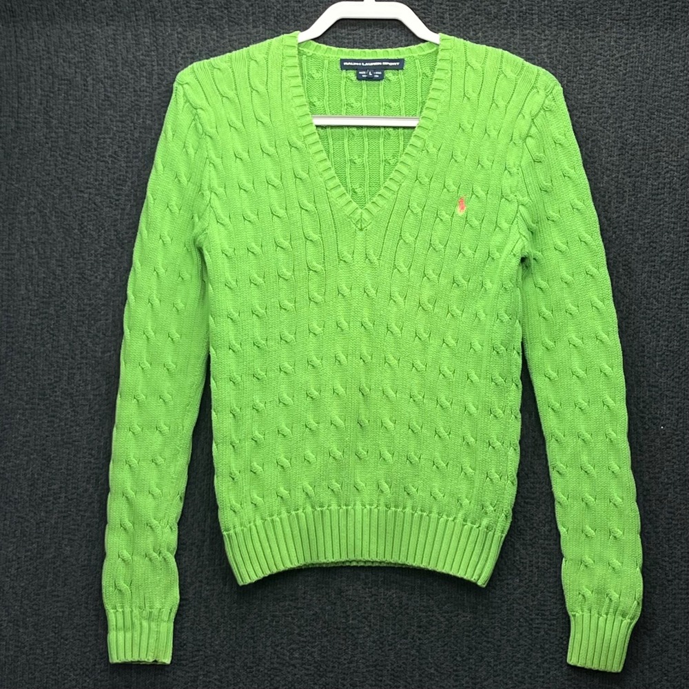 Ralph Lauren Sport Womens Lime Green Cable Knit V-Neck Cotton Sweater Large